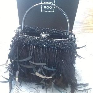 Moo Roo  Charleston Never Used Black Feather and Beaded Bag. Signed by designer.